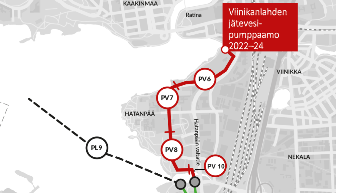 Kartalla on osoitettu Hatanpään alueen siirtoviemärilinjat PV6, PV7, PV8 ja PV10.